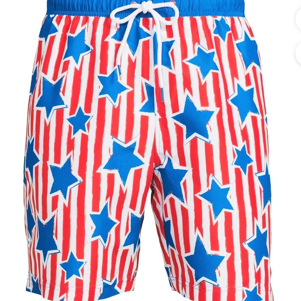 Blue and Red Patriotic Swim Trunks with Elastic Waistband